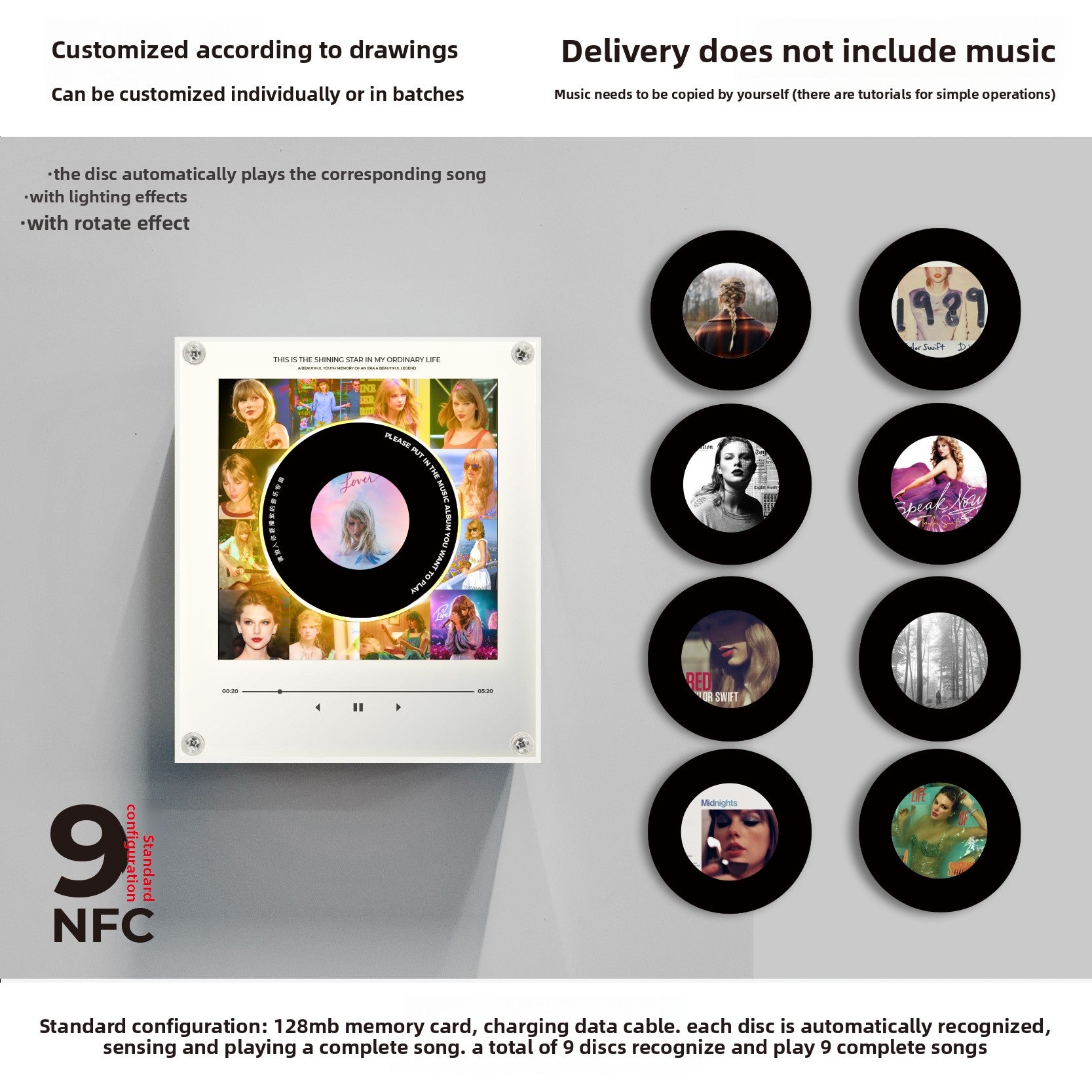 Rotating Record NFC Music Player with Night Light
Reproductor de musica NFC giratorio con luz nocturna